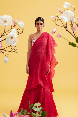 Calista Crimson Ruffle Saree Set