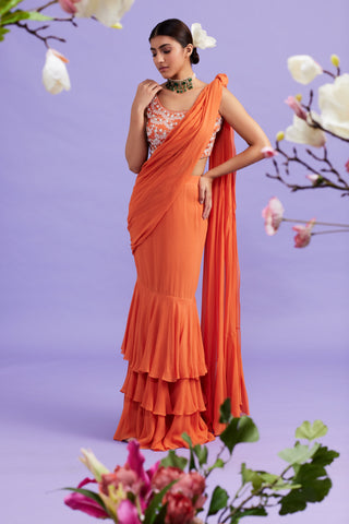 Nargis Tangerine Ruffle Saree Set