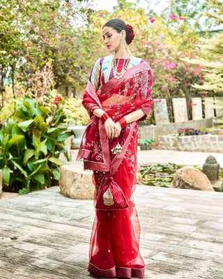Gulmohar Vibrant Red Saree Set