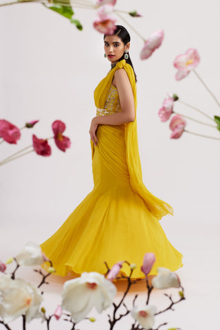 Elara Mustard Yellow Pre Draped Saree Set