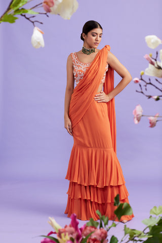 Nargis Tangerine Ruffle Saree Set