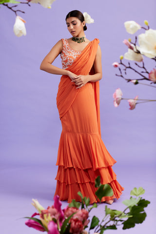 Nargis Tangerine Ruffle Saree Set