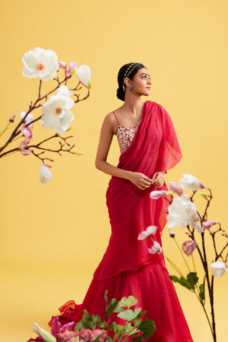 Calista Crimson Ruffle Saree Set