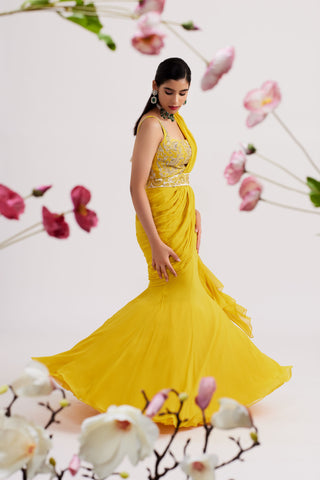 Elara Mustard Yellow Pre Draped Saree Set