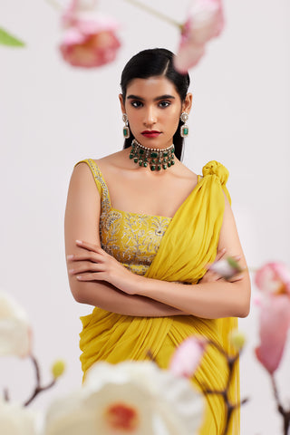 Elara Mustard Yellow Pre Draped Saree Set