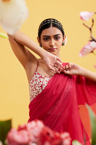 Calista Crimson Ruffle Saree Set