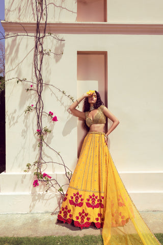 Aureya Mustard Yellow with Red Detailing Lehenga Set