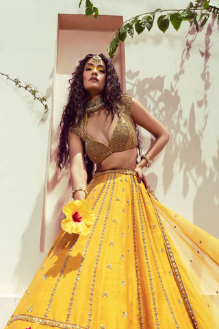 Aureya Mustard Yellow with Red Detailing Lehenga Set