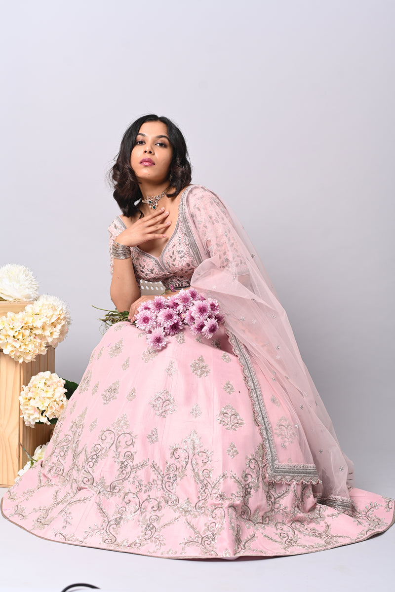 Cloud Pink Lehenga With Antique And Silver Cutdana