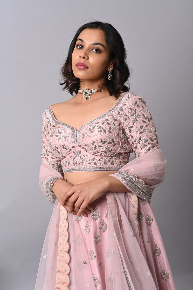 Cloud Pink Lehenga With Antique And Silver Cutdana