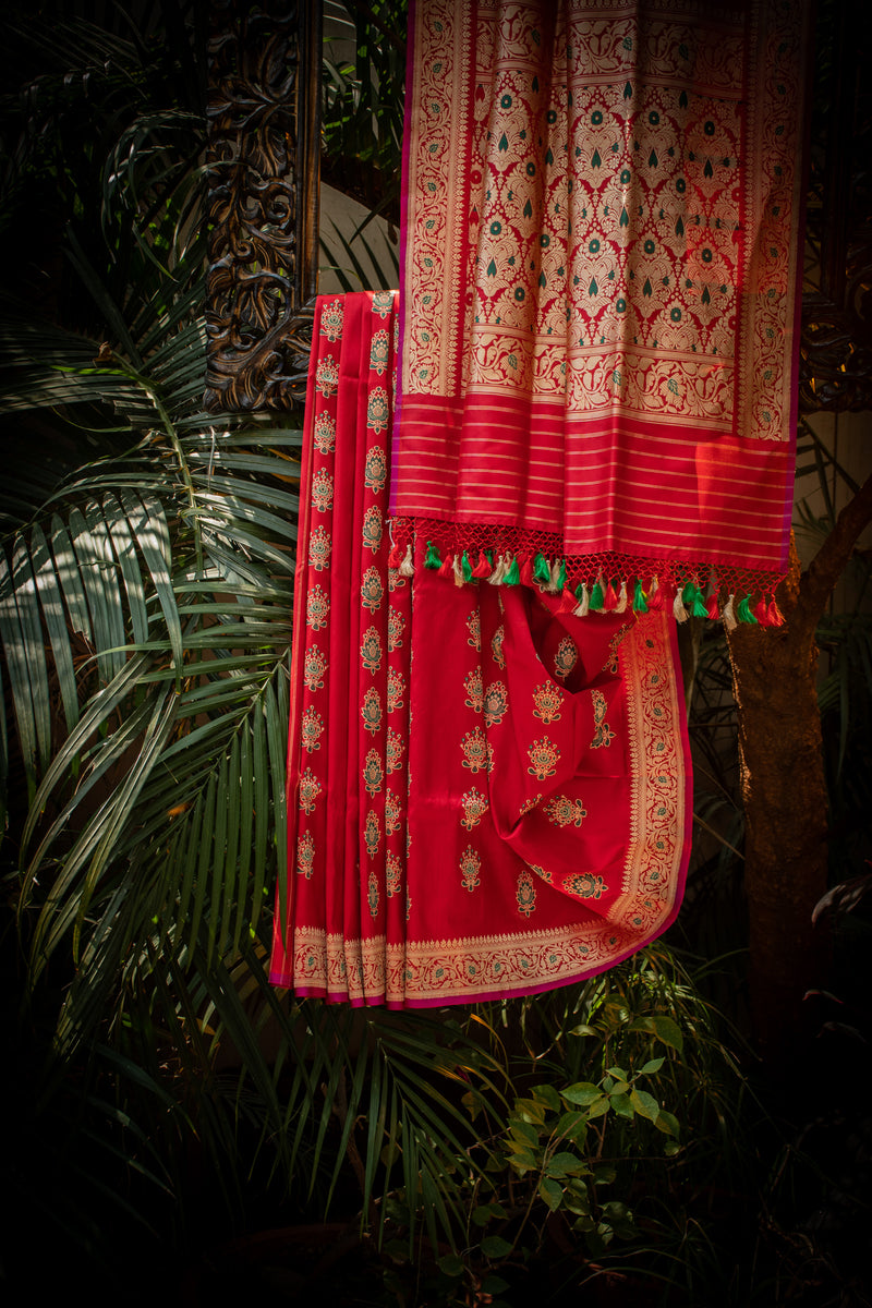 Red And Green Banarasi Silk Saree