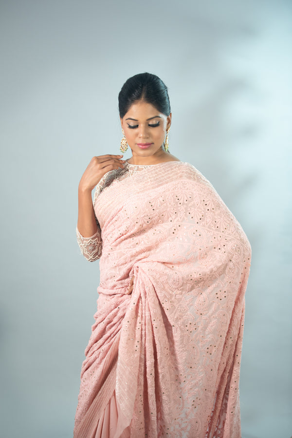Pink Chikankari Saree