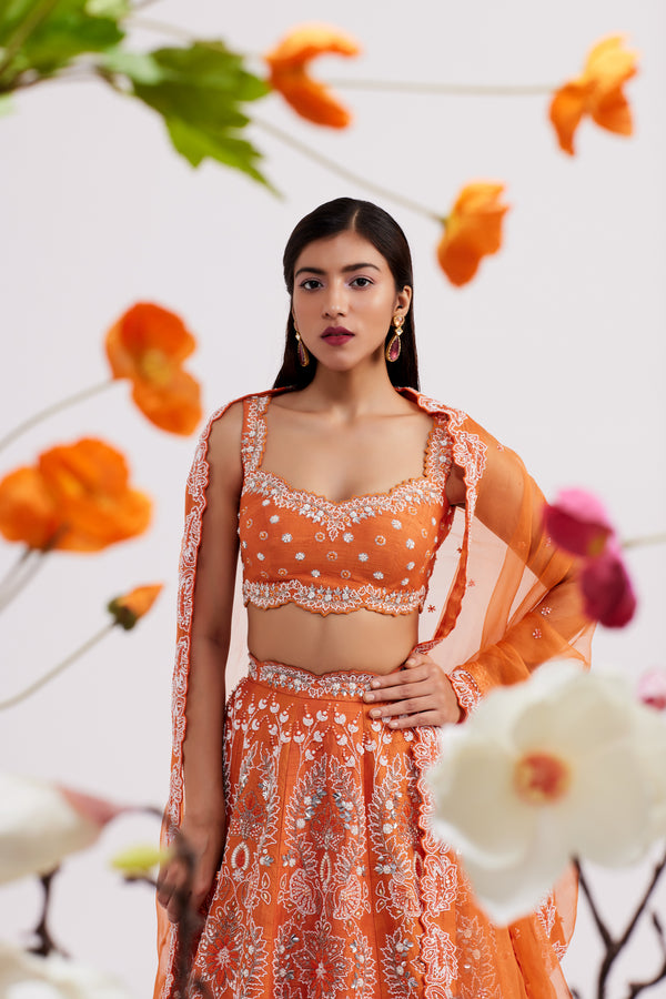 Orange Embroidered Lehenga Set
