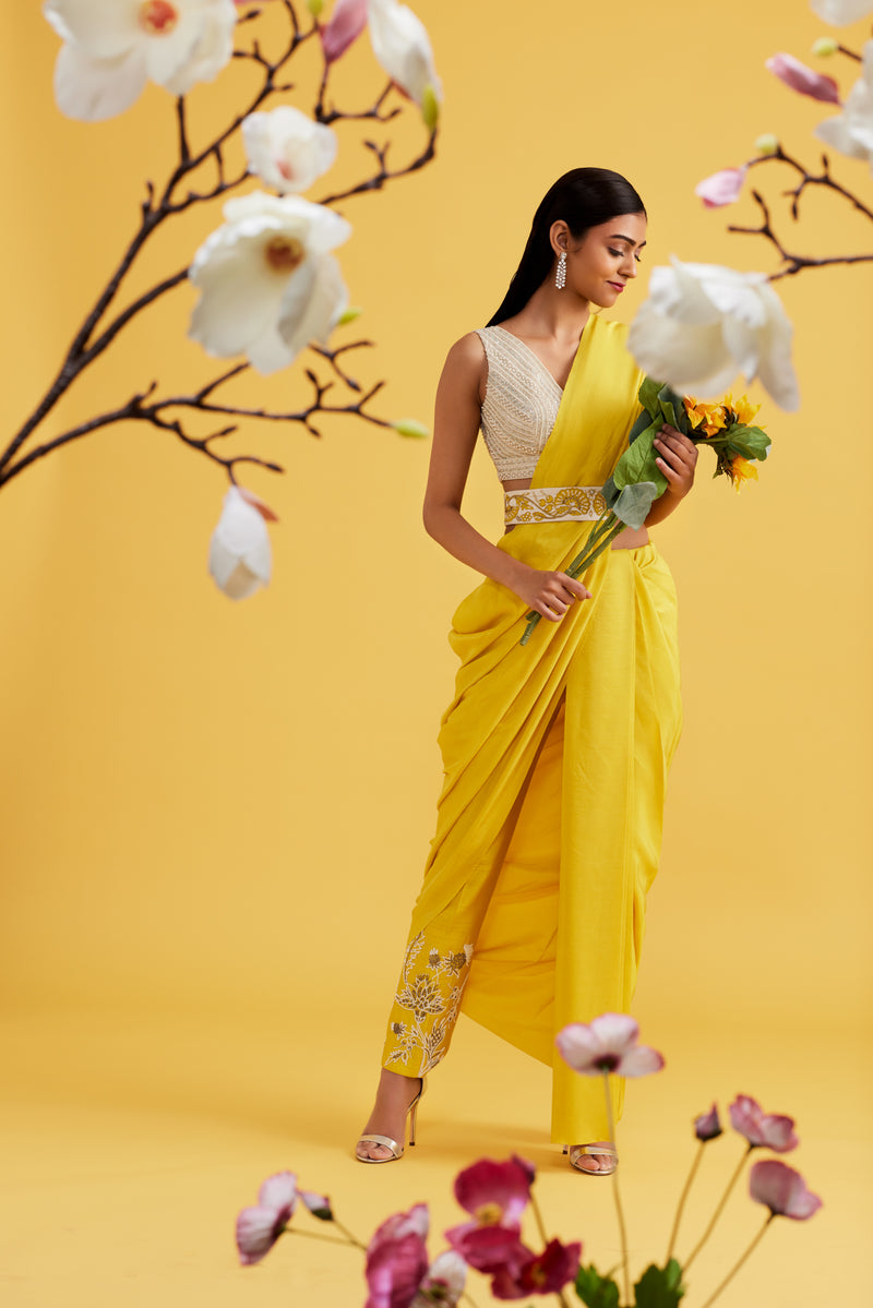 Yellow Embroidered Pre-Draped Saree