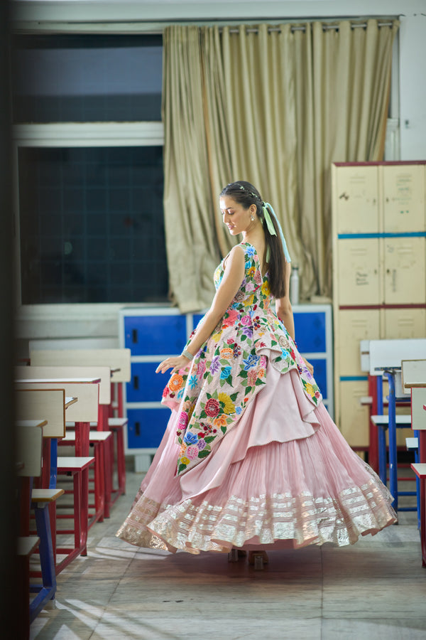 Pink Embroidered Layered Gown