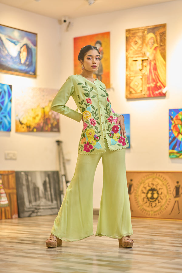 Green Embroidered Indowestern Set