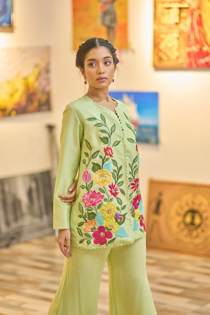 Green Embroidered Indowestern Set